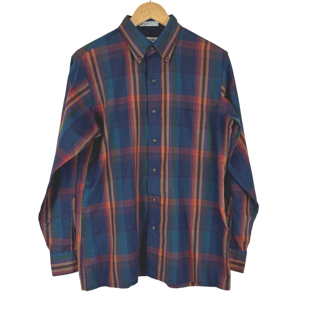 VTG! ARROW SPORT Plaid Long Sleeve Button Down Shirt Men M‎ Blue Orange